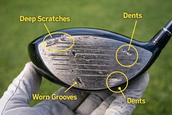 Close-up of used golf driver club face showing inspection for scratches and grip wear