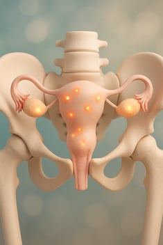 A professional 3D medical illustration of the pelvic region styled in soft aesthetic colours rather than harsh clinical reds Subtle glowing embers rep-2