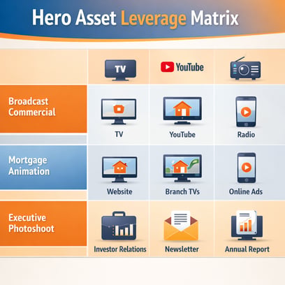 Hero Asset Leverage Matrix’ showing how a broadcast commercial, mortgage animation, and executive photoshoot each produce multiple marketing outputs across TV, YouTube, radio, website, email, branch screens, newsletter, investor relations, and annual reports.