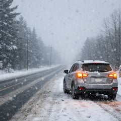 Car pulled over on rural Grey Bruce road with hazards on during snowfall