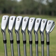 Second-hand golf irons from 3-iron to pitching wedge arranged in order on a golf course for beginner set