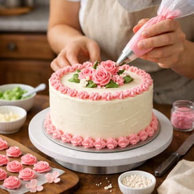 Generate an image of a cake being decorated