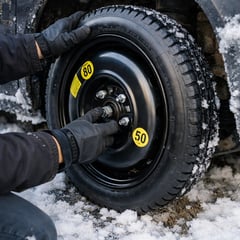 Installing a spare tire safely on a vehicle during winter on a rural Grey Bruce road
