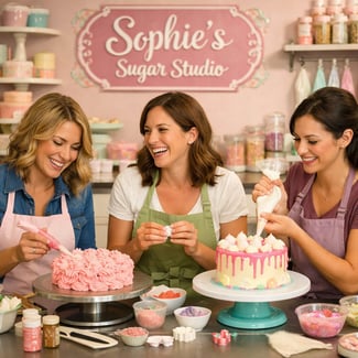 can you generate an image of three women in their 30s enjoying a cake decorating class at the bakery called Sophies Sugar Studio-1