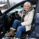 Confident senior female driver sitting in her sedan with door open, smiling and driving safely in winter