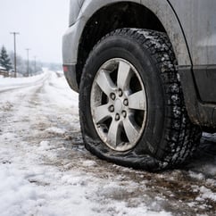 Vehicle with flat tire on a rural Grey Bruce road in winter needing an emergency roadside tire change