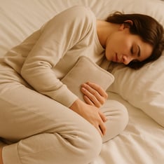 photographic A minimalist lifestyle photo from a side angle of a woman curled up in a fetal position on a white bed holding a heating pad She is weari-1