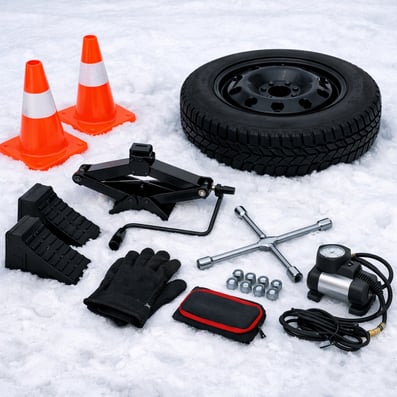 Tools needed to change a tire in winter including jack, lug wrench, and spare tire