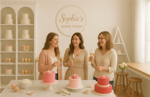 Three women smiling and holding glasses of champagne in a bright cake studio, standing behind pink custom cakes with a “Sophie’s Sugar Studio” sign on the wall.