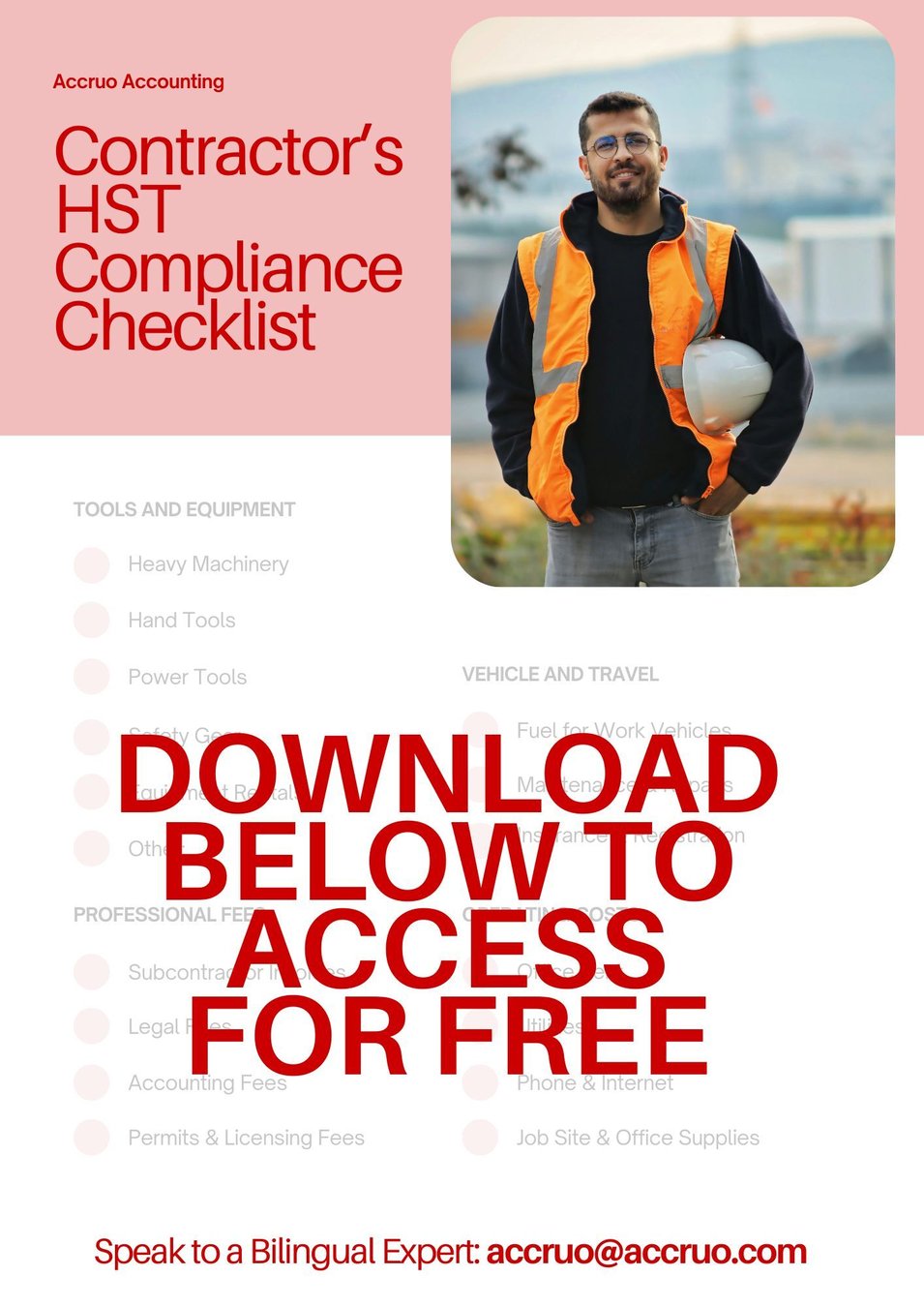 A checklist for construction firms showing eligible HST rebates for tools, fuel, and subcontractors.