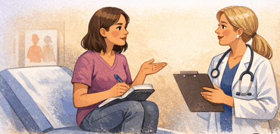Illustration showing a patient confidently speaking with a doctor, alongside tips for advocating for endometriosis care: tracking symptoms, requesting a specialist referral, using functional language, and finding community support.
