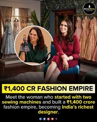 Anita Dongre in her designer boutique with racks of embellished Indian wear, featuring an inset of her working on a sewing machine and text about building a ₹1,400 crore fashion empire.