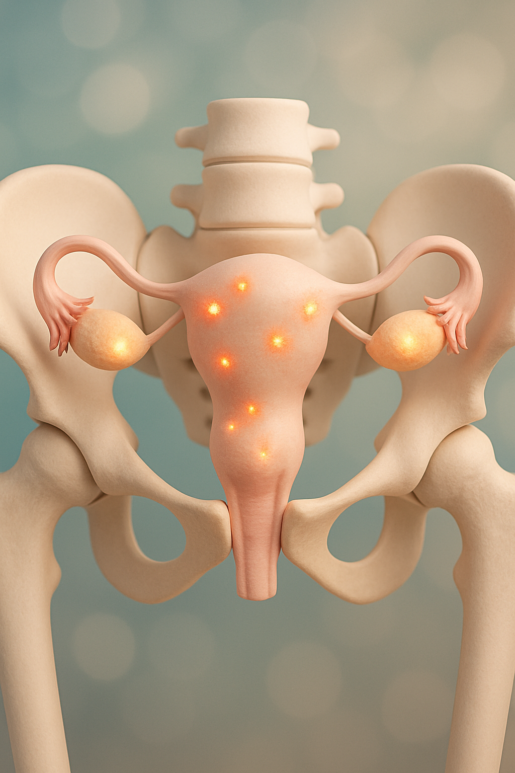 A professional 3D medical illustration of the pelvic region with soft, glowing amber embers representing endometriosis lesions, styled in aesthetic brand colours.