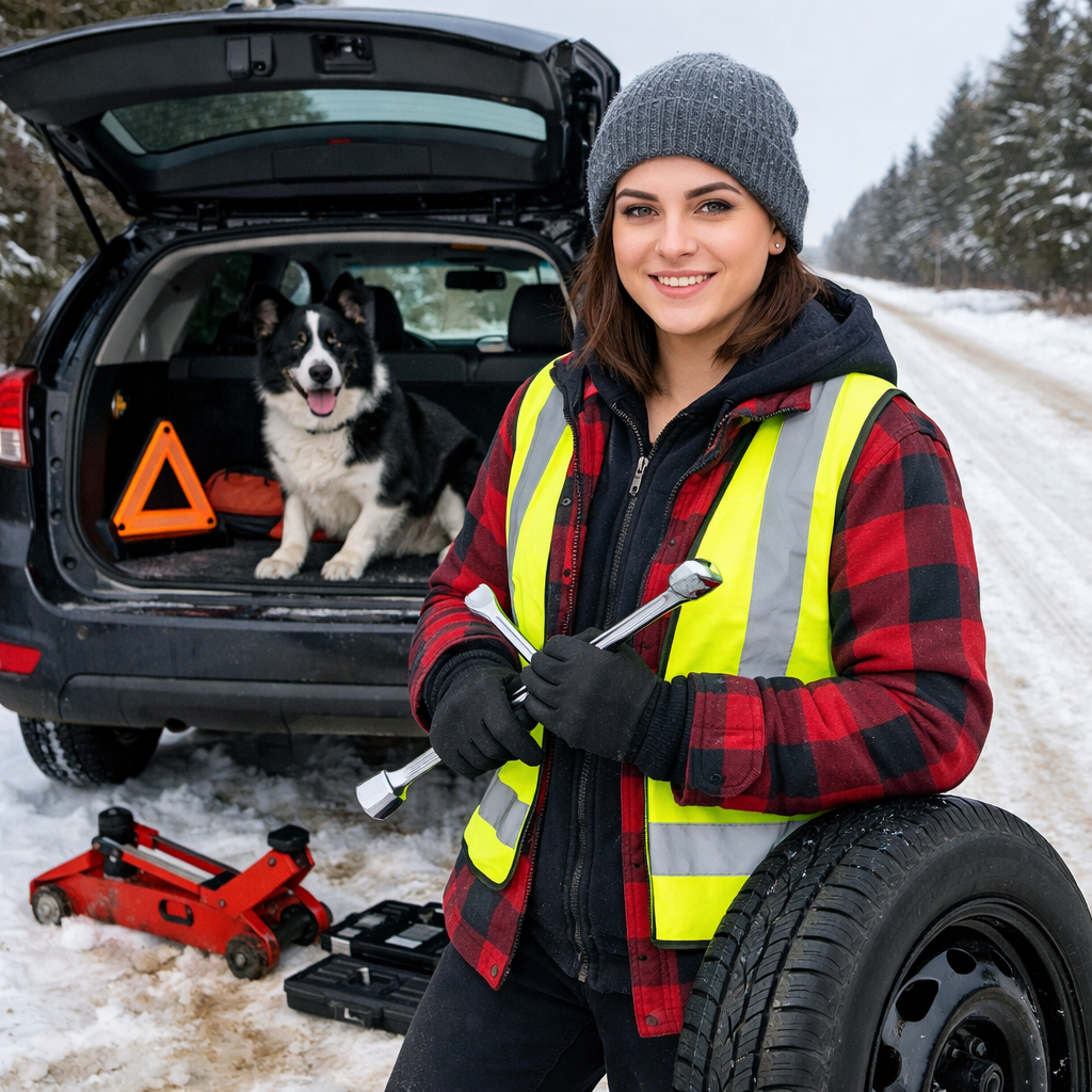 Confident senior female driver sitting in her sedan with door open, smiling and driving safely in winter