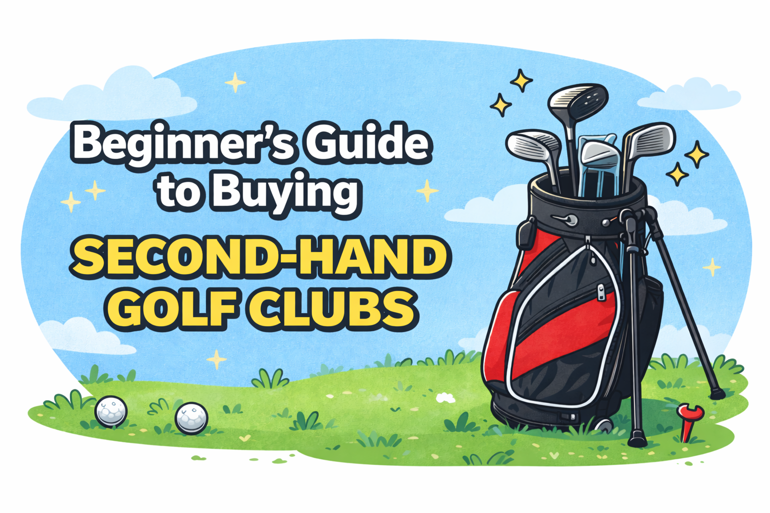 Cartoon-style featured image of beginner second-hand golf clubs in a bag on grass with blog title text