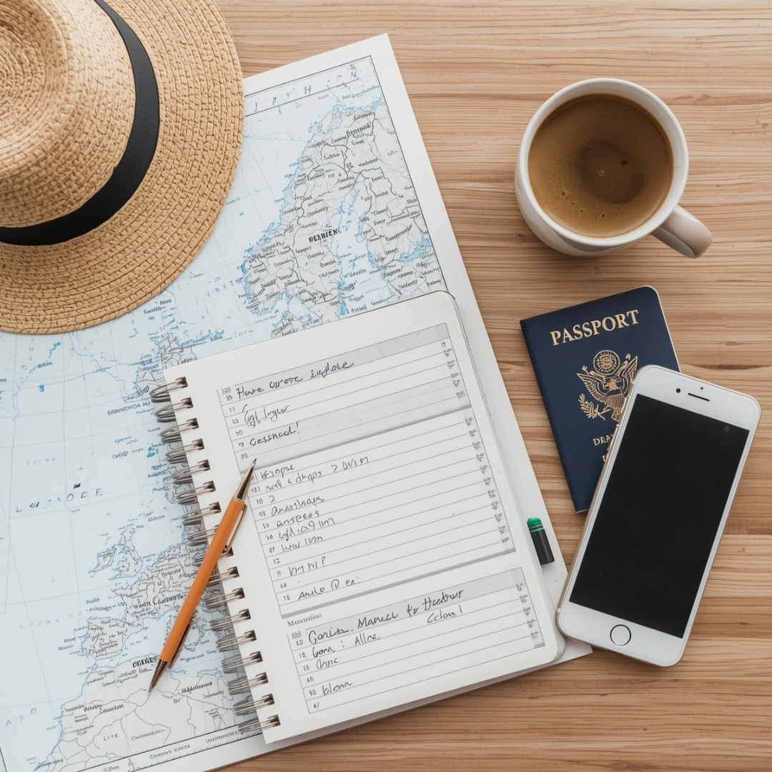 Travel planning flat lay with Europe map, passport, notebook, and coffee while planning first trip to Europe.