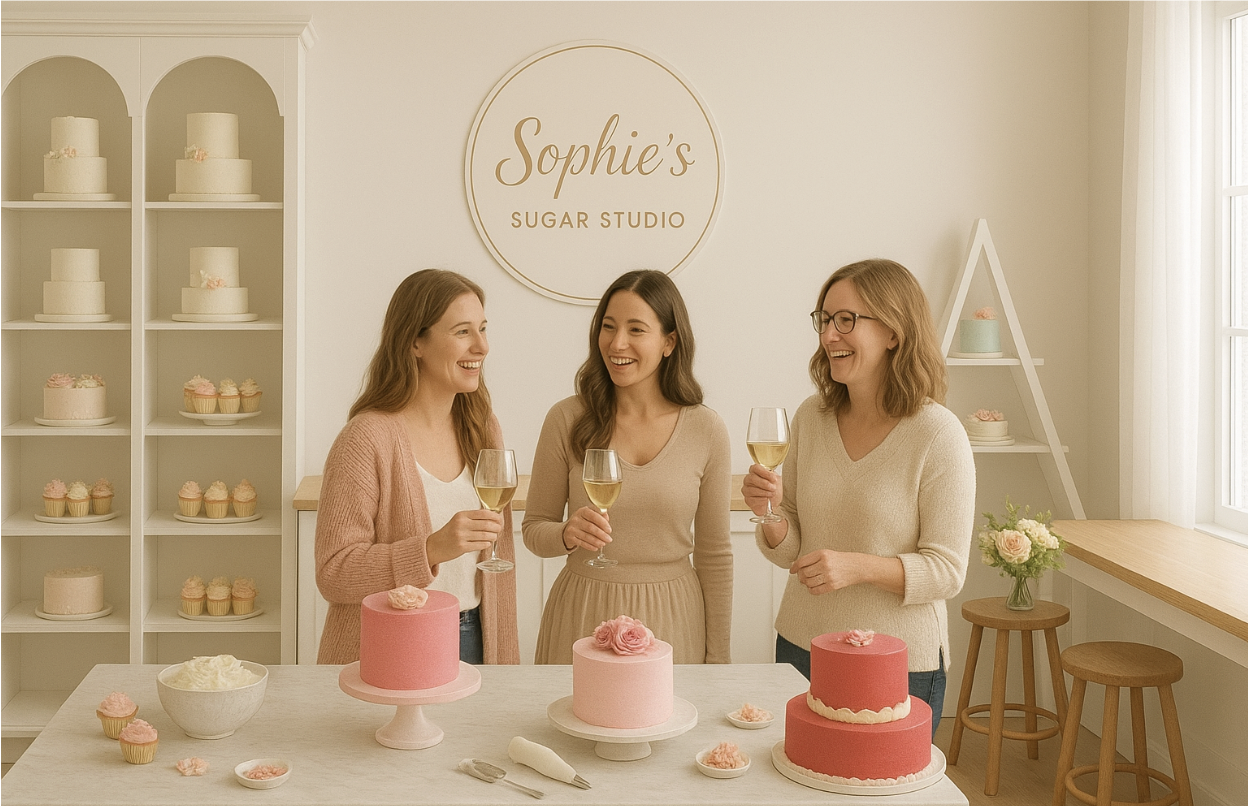 Three women smiling and holding glasses of champagne in a bright cake studio, standing behind pink custom cakes with a “Sophie’s Sugar Studio” sign on the wall.