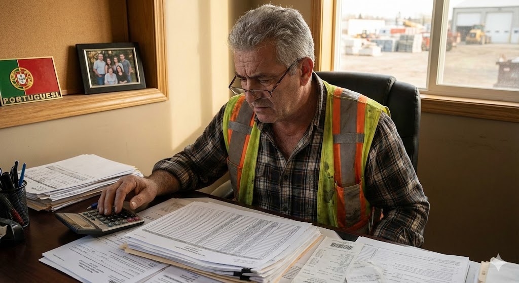 Portuguese-Canadian contractor in a Toronto office reviewing HST invoices and tax records.